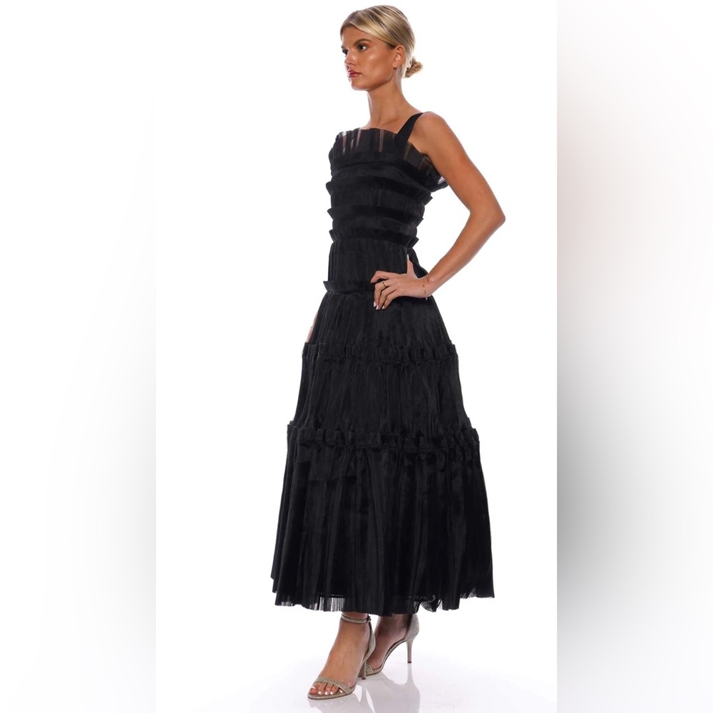 Aje. Jacinto Black Pleated Organza Midi Dress